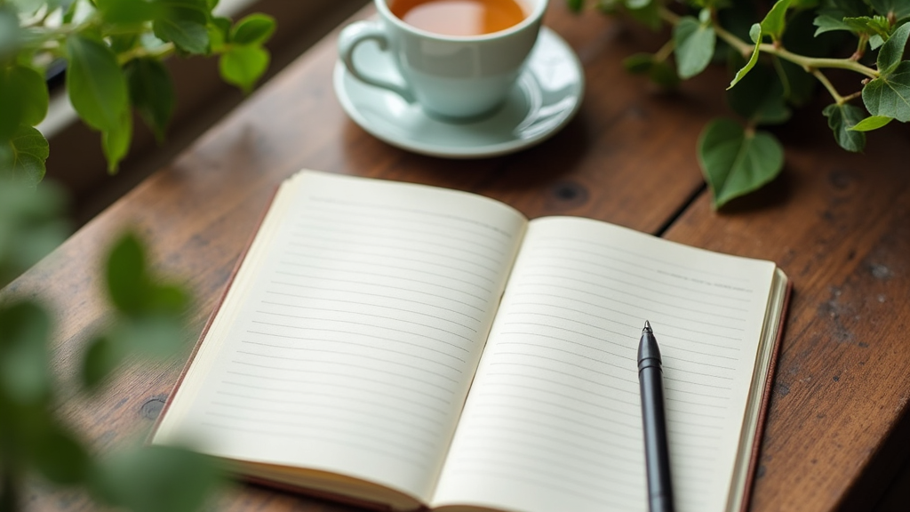 A serene photo of a gratitude journal, a pen, and a cup of herbal tea on a wooden table, surrounded by greenery.